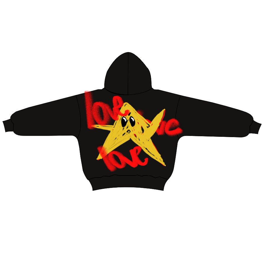 KOH-01 hoodie, back — star and love artwork